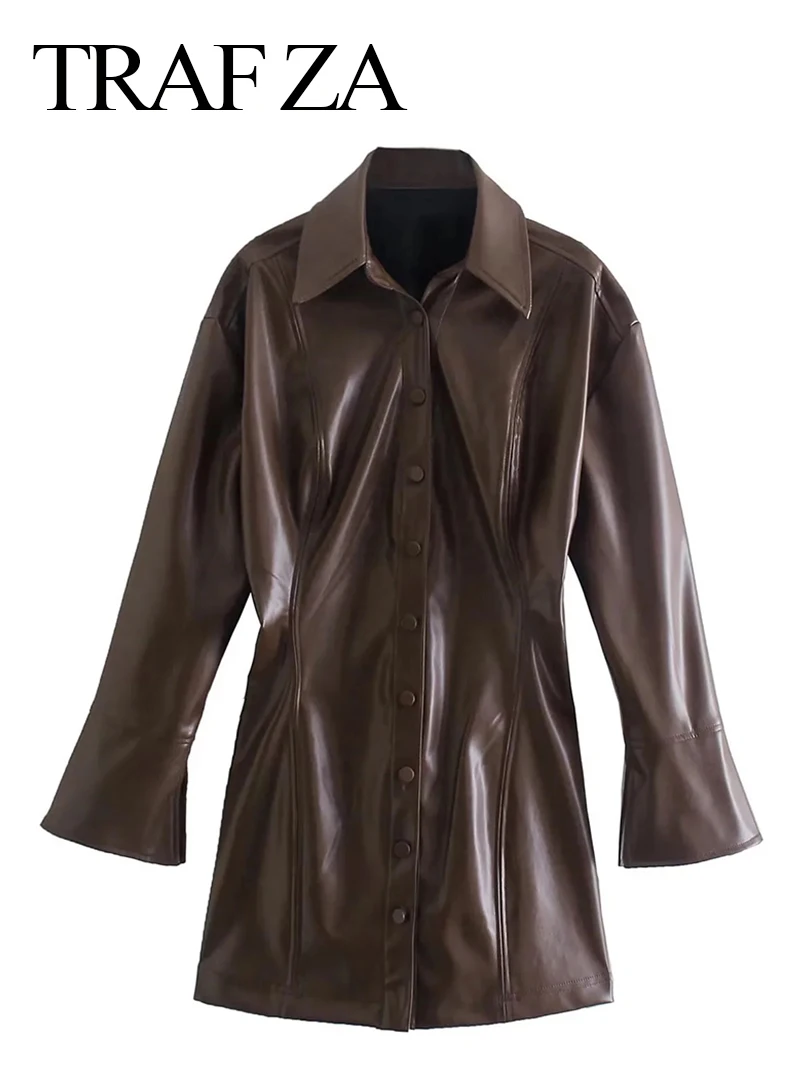 

TRAF ZA Women's Temperament Cool Bell Sleeve Dress Solid Color Dark Brown 2022 Fashion Slim Single-breasted Lapel Short Dress