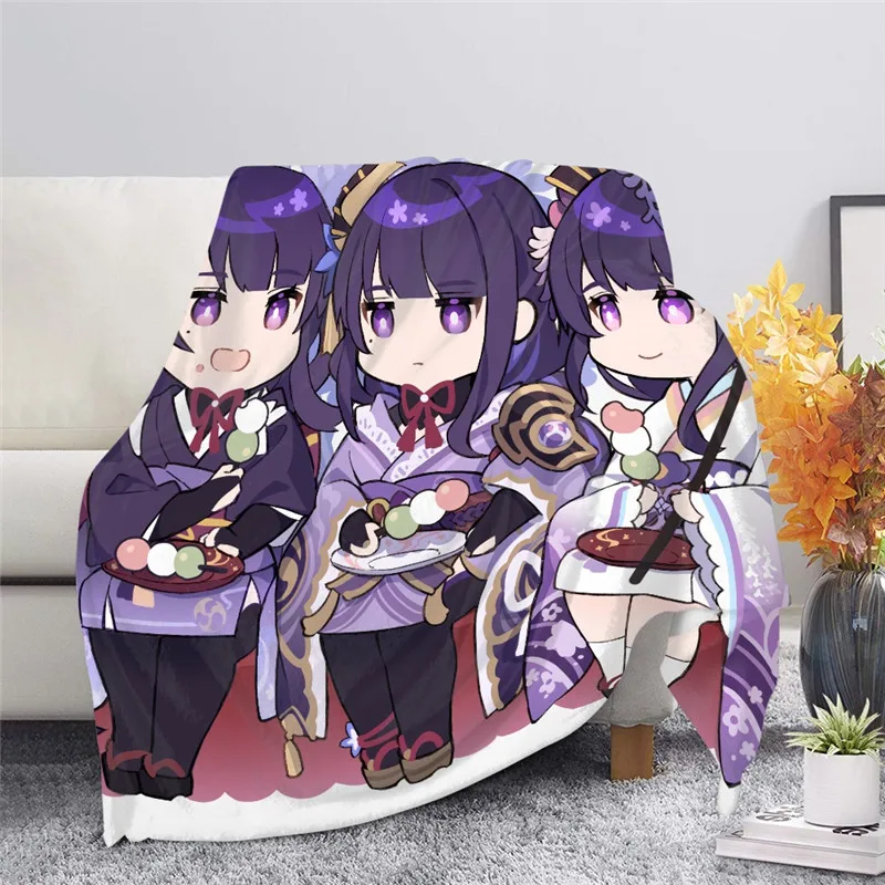 

Kawaii Raiden Shogun Print Fleece Blankets Hot Sale Genshin Impact Plaid Sofa Cover Quilt Casual Travel Blanket for Boys Girls