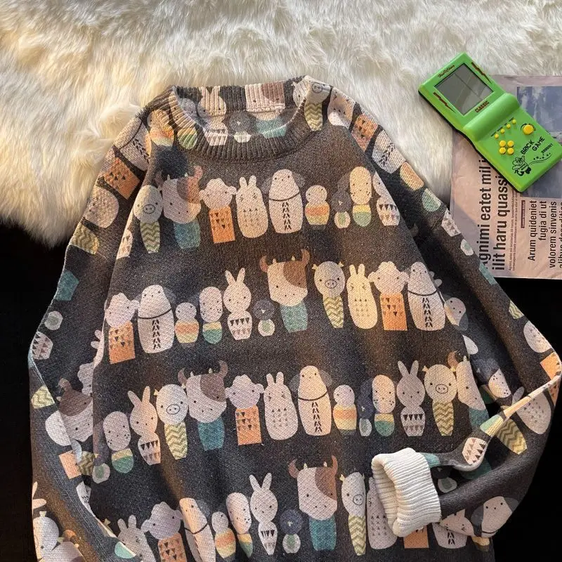 

Full Print Cartoon Printed Sweater Women Autumn And Winter Ins Tide Brand Hong Kong Style Loose Casual Round Neck Sweater 2022