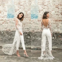 sexy open back wedding pant suits for brides with train applique lace long sleeves wedding jumpsuits women elegant formal dress