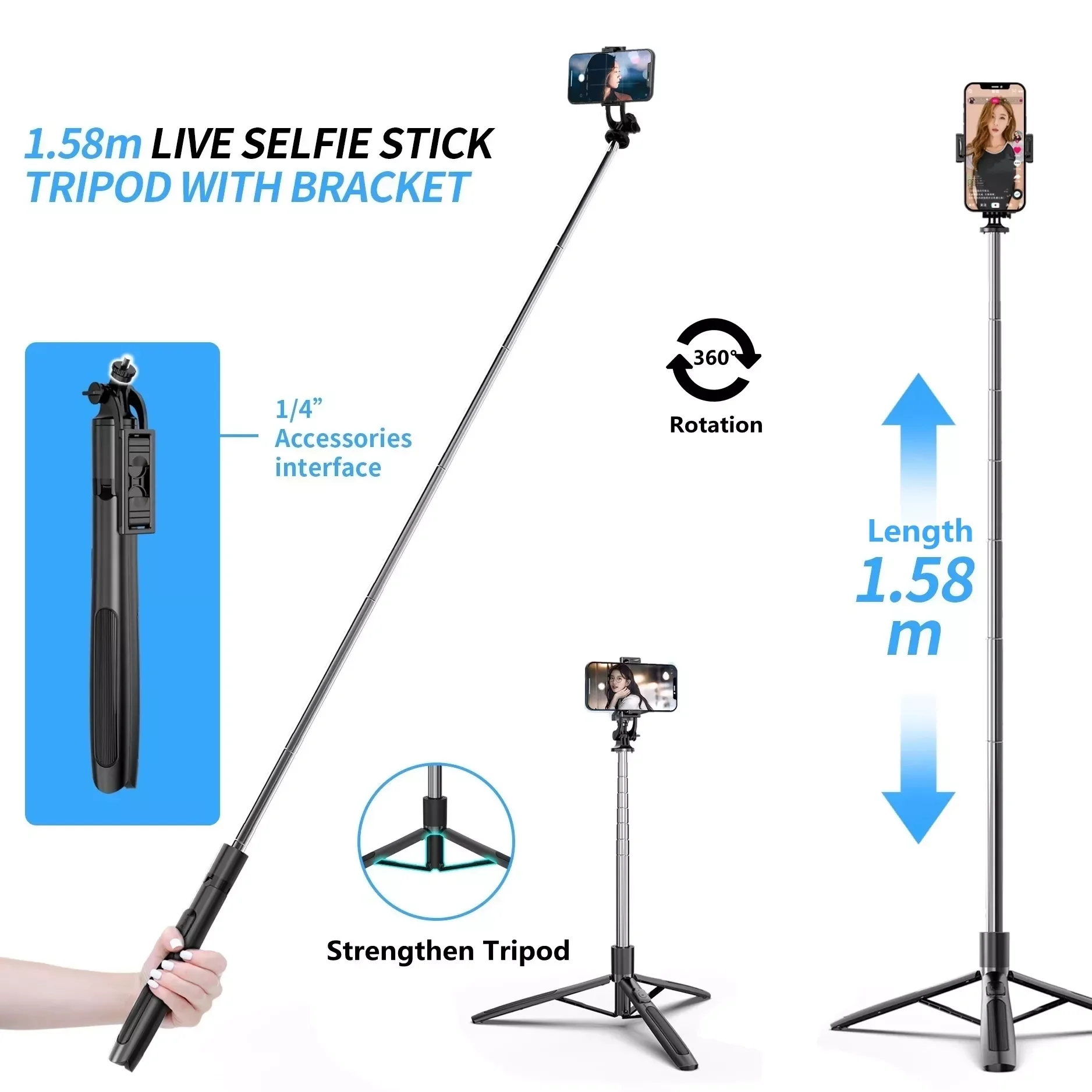 

Selfie Stick, 158cm Extendable 3 in 1 Bluetooth Selfie Stick Tripod with Remote Compatible with GoPro, Small Camera, Smartphone