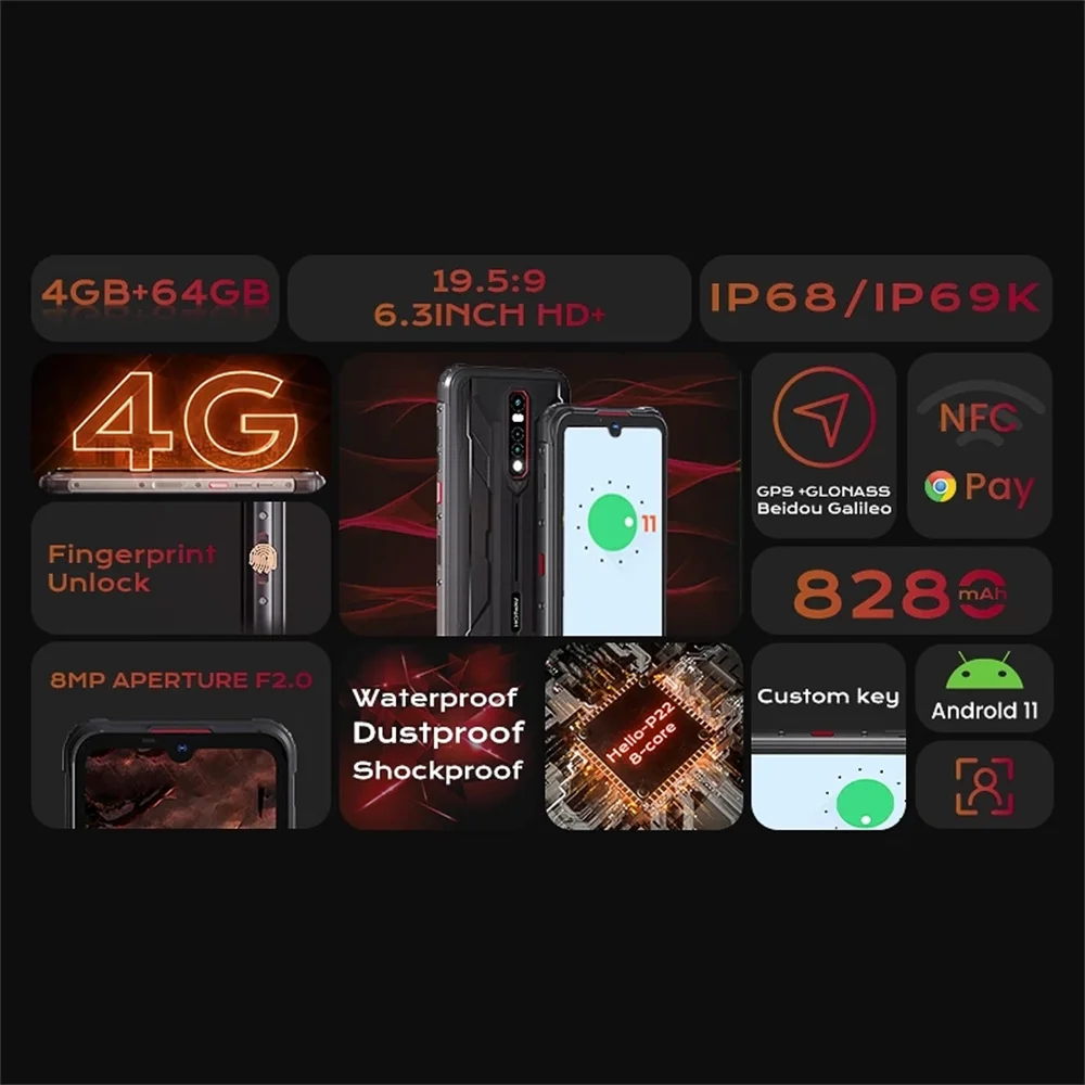 HOTWAV CYBER 8 Rugged Waterproof Mobile Phones 4GB+64GB 6.3 Inch HD Display 8280mAh 16MP Camera NFC 4G Android 11 Smartphones