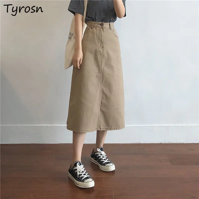 

Khaki Denim Skirts Women Mid Calf Back Slit Fashion A-line Streetwear Simple Harajuku Leisure All Match Korean Style Vintage New