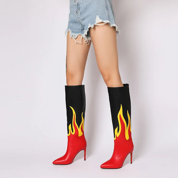 Red Black Boots For Women Shoes Pointed Toe High Heels Fashion Women's Boots Genuine Leather Ladies Shoes Knee Boots Botas