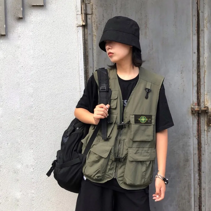 

Men's Spring Style Armband Functional Tactics Multi Pocket Outside Vest Military Green Japan Retro Casual Loose Stitched Vest