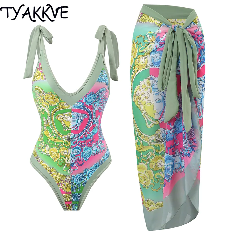 

TYAKKVE 2023 новый сексуальный модный Цельный купальник с винтажным принтом летний женский купальник пляжный бандажный монокини с V-образным вырезом купальный костюм