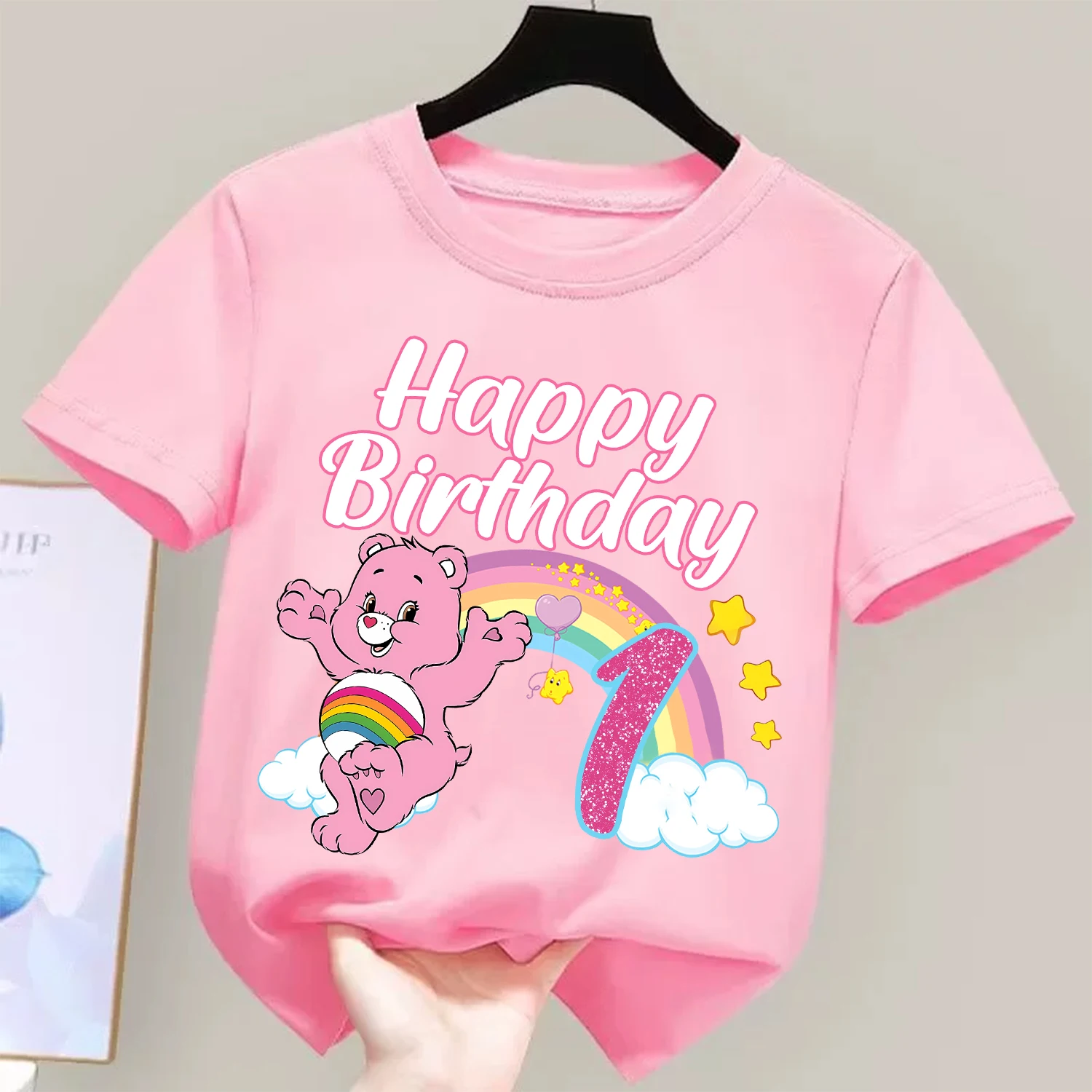 Фото Футболка с номером на день рождения Care Bears, детская футболка с круглым воротником, одежда Kawaii для девочек, детская одежда с короткими рукавами и рисунками, подарок №2
