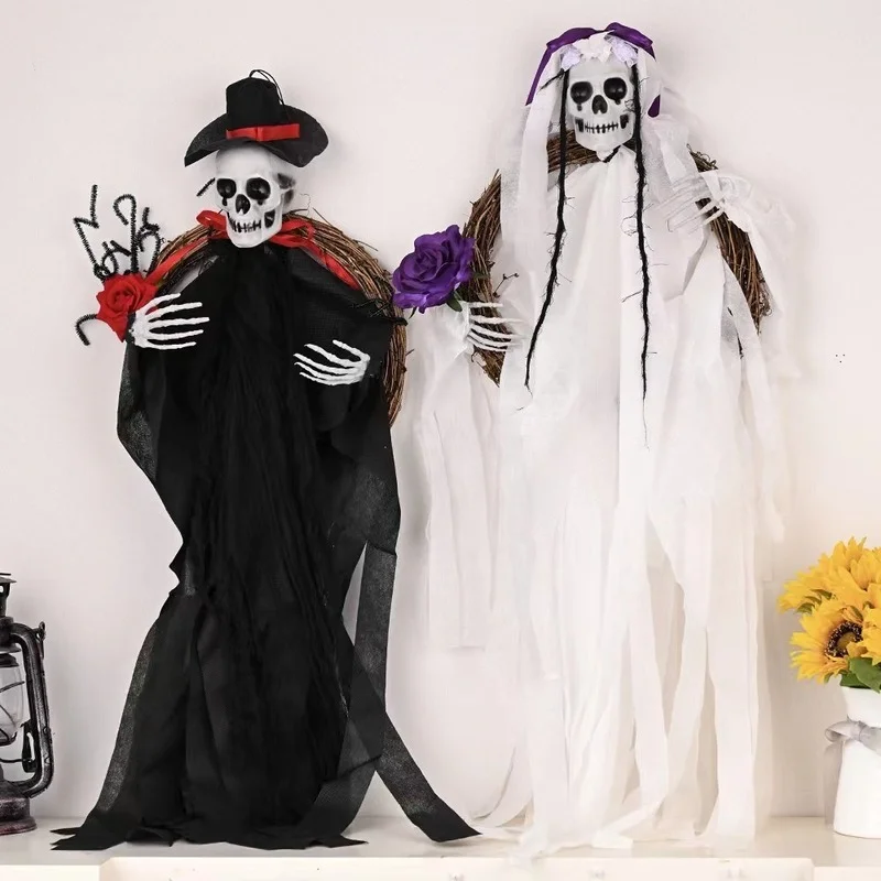 

Halloween Decorations for Home Halloween Black and White Ghost Skull Rose Vine Wreath Couplet Pendant Diy Party Decoration Props