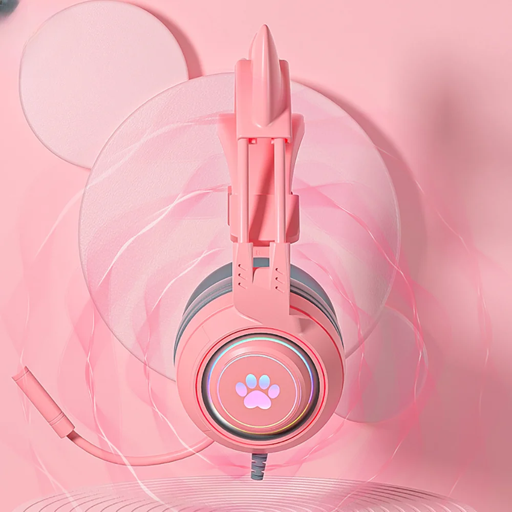 Cute Cartoon Cat Ear Game Headphone with Microphone Computer USB Wired Earphone with RGB Light for PC PS4/5 XBOX Laptop Computer enlarge