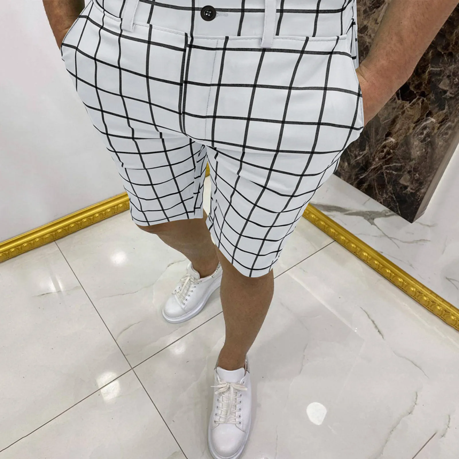 

Шорты-Карандаш мужские в клетку, приталенные, на молнии, с эластичным поясом, с карманами, винтажные, повседневные, на лето