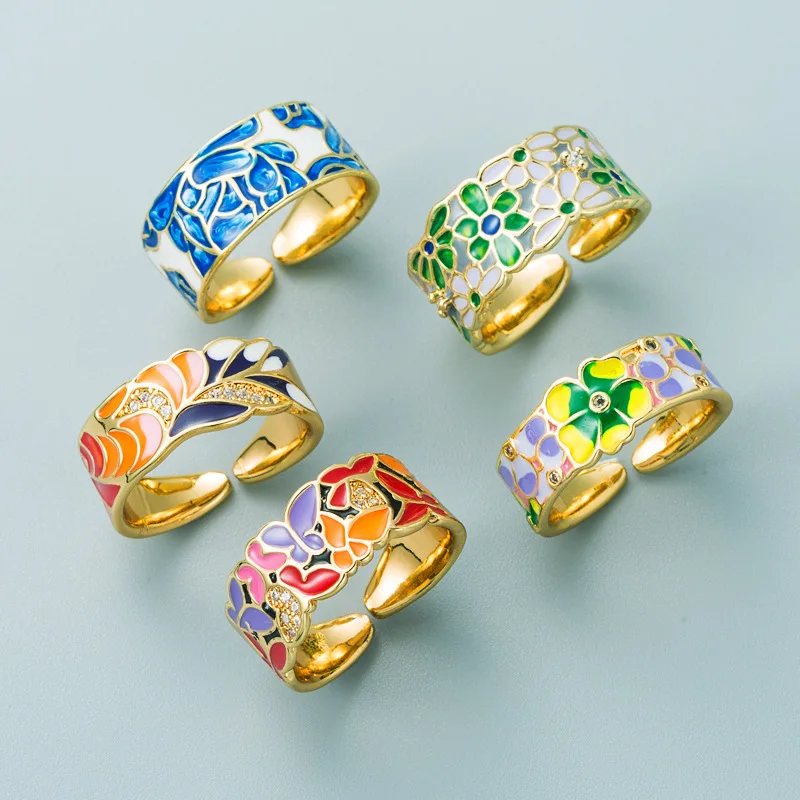 

China Style Glaze Enamel Rings Metal Love Ring Butterfly Flower Geometry Irregular Opening Rings for Women Girls Travel Jewelry