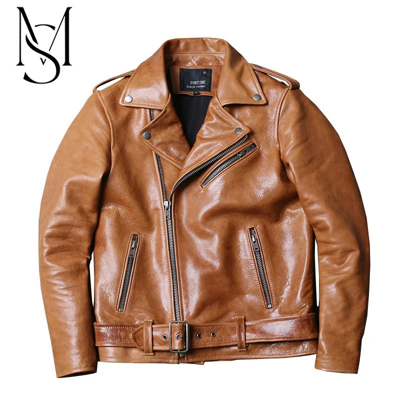 

50 pieces of Italian crystal oil wax vegetable tanned thick sheep skin motorcycle jacket men's leather jacket