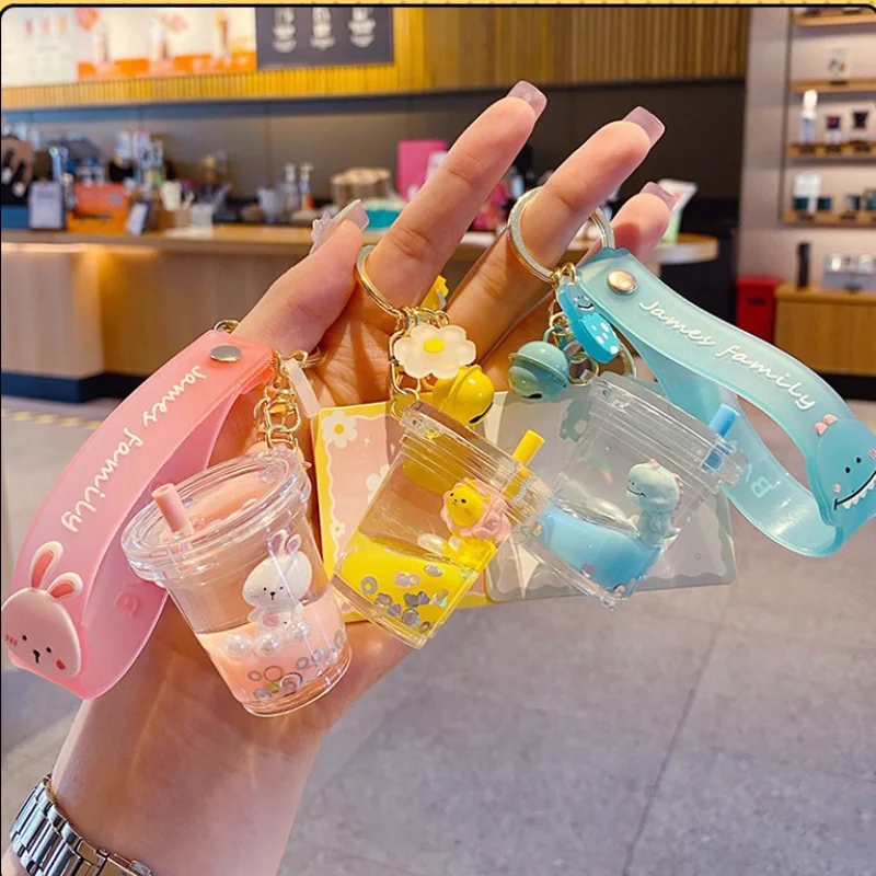 

Cartoon James Family Rabbit Milk Tea Cup Liquid Keychain Cute Floating Quicksand Animal Keyring Women Bag Pendant Keyfob Gifts