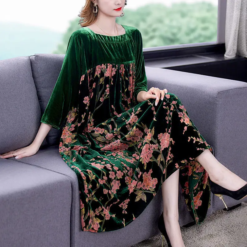 

Velvet Dress Women Chic Dress 2022 Fashion Spring Autumn New Casual Women's Loose Robe Long Sleeves Printing Flower Party K01