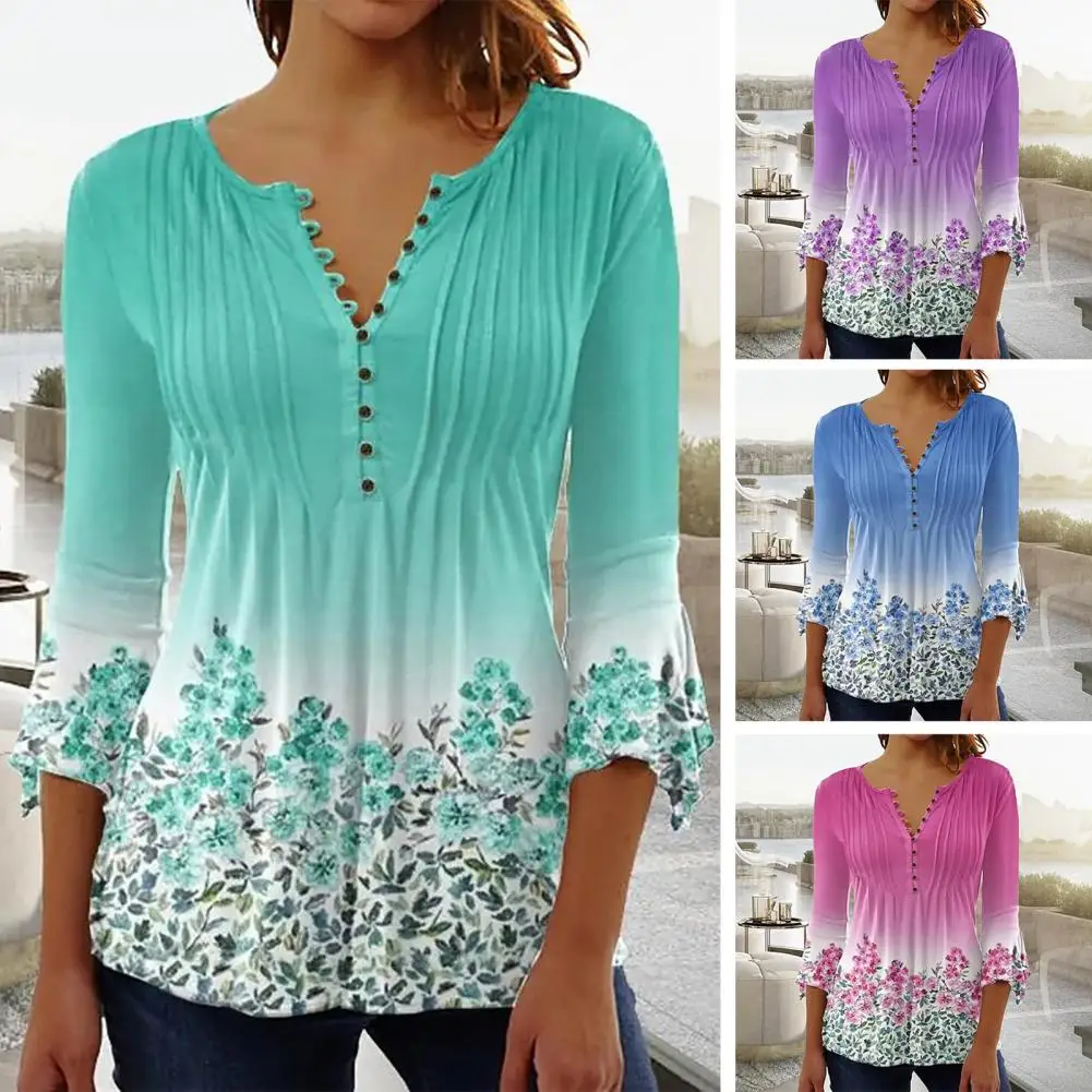 

Chic Women T-shirt Gradient Color Women Floral Print Pleated Tee Top Loose Hem 3D Cutting Tunic Shirt Daily Clothing