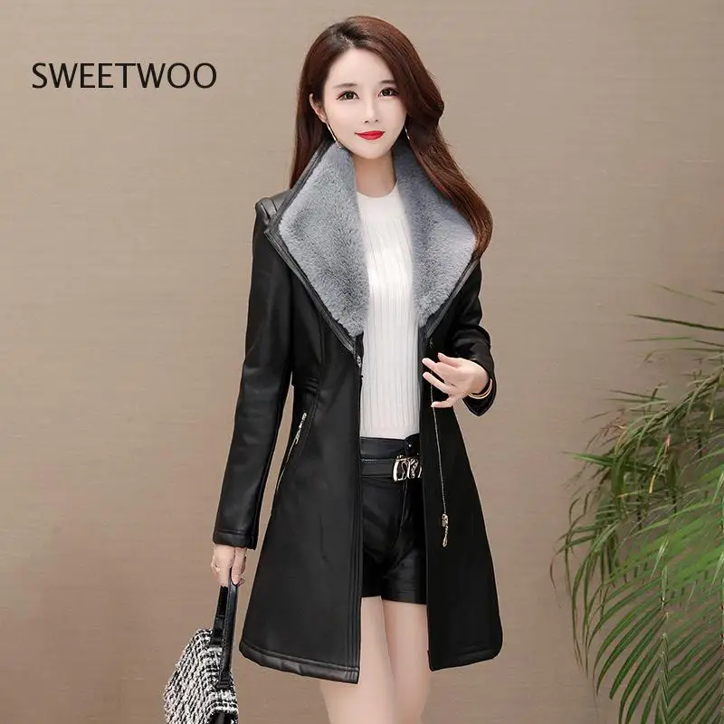 Autumn Winter Women Pu Leather Jacket Mid-Long Thickening Black Jacket Faux Fur-Neck Warm Coat Motorcycle Outwear Overcoat