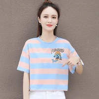 cotton short sleeved womens t shirt round neck casual loose lovely beautiful girl thin striped blouse