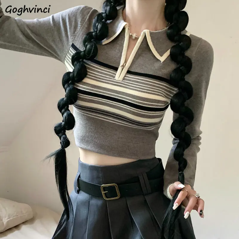

Y2k Knitted Sweaters Women Cropped Slim Vintage Basic Striped Simple Preppy Students All-match Streetwear Ulzzang Chic Pullovers