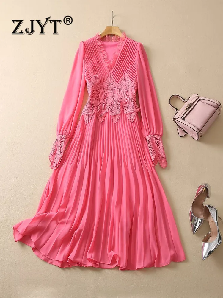 

Модельное модное женское плиссированное платье миди ZJYT с вышивкой, весна 2023, дизайнерское элегантное праздничное платье с V-образным вырезо...