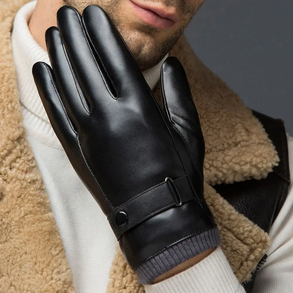 

Cycling Solid Color Sport PU Leather Winter Accessories Touch Screen Gloves Plus Plush Men Gloves Korean Style Mittens