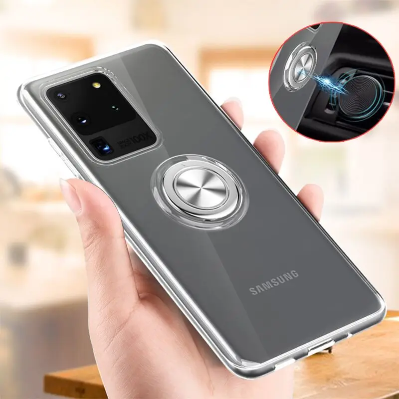 

For Samsung Galaxy S22 Ultra S10 Note 9 Note 8 S10e S21 Ultra Note 20 S8 Case Cover Soft Silicone Clear Magnetic Ring Holder
