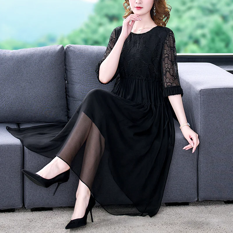

Arrive New 2023 High quality Summer Design Black Mesh Embroidered Midi O-Neck Short Sleeve Vintage Dress