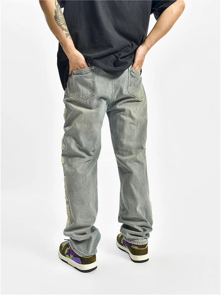 Men Skeleton Baggy Casual Pants Mens Japanese Streetwear Wide Leg Denim Trousers Male Y2k Blue Vintage Denim Pants Men Clothing
