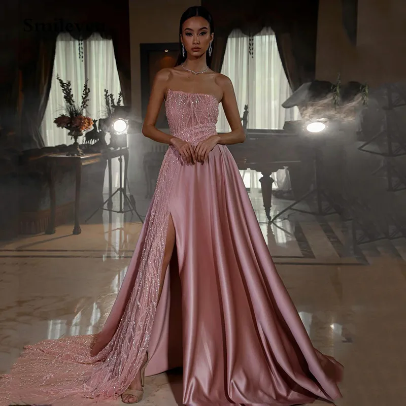 

Saudi Arabia Pink Sequins Evening Dress Strapless A Line Prom Dresses Pleats Side Split Formal Party Dress Robe De Soiree