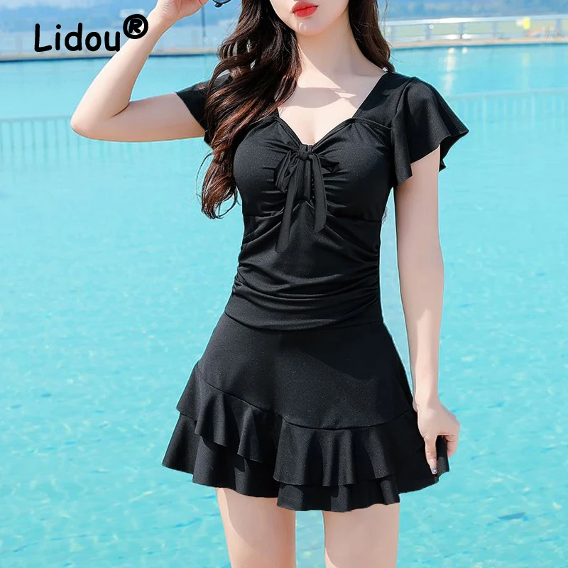 Женская пляжная одежда с оборками и бантом мини-платье однотонный слитный