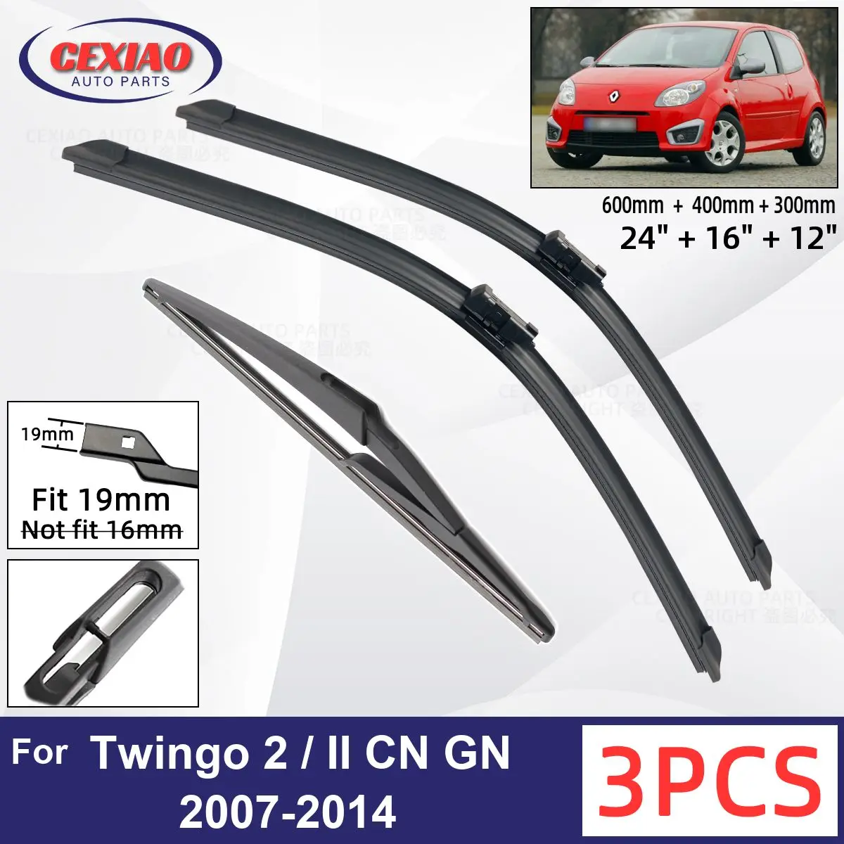 

For Renault Twingo 2 / II CN GN 2007-2014 Car Front Rear Wiper Blades Soft Rubber Windscreen Wipers Auto Windshield 24"+16"+12"