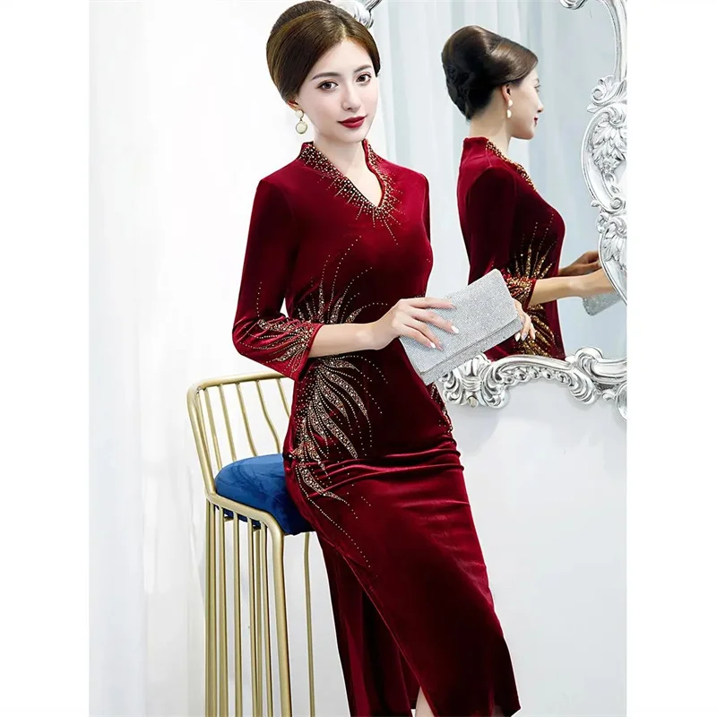 

Винтажное платье со стразами, весеннее платье 2023, для посещения свадьбы, матери, Десса, вечервечерние ужина, улучшенное Ципао, платья с корот...