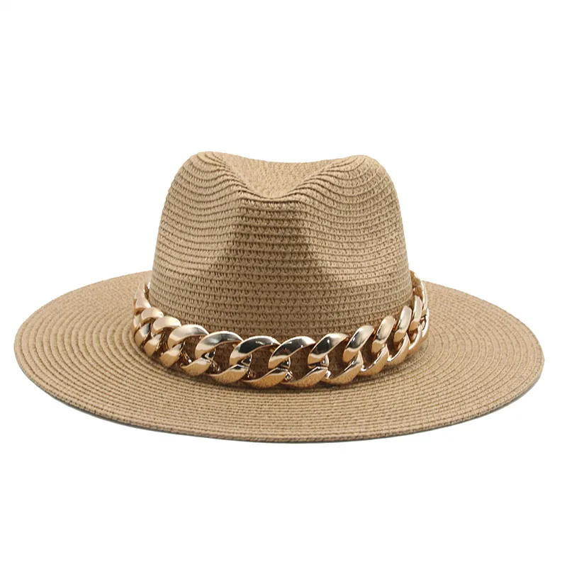 

Sun Hats Men Women Straw Gold Chain Band Belt Women Summer Hats Spring Black Khaki Beach Casual Summer Hats Sombreros De Mujer