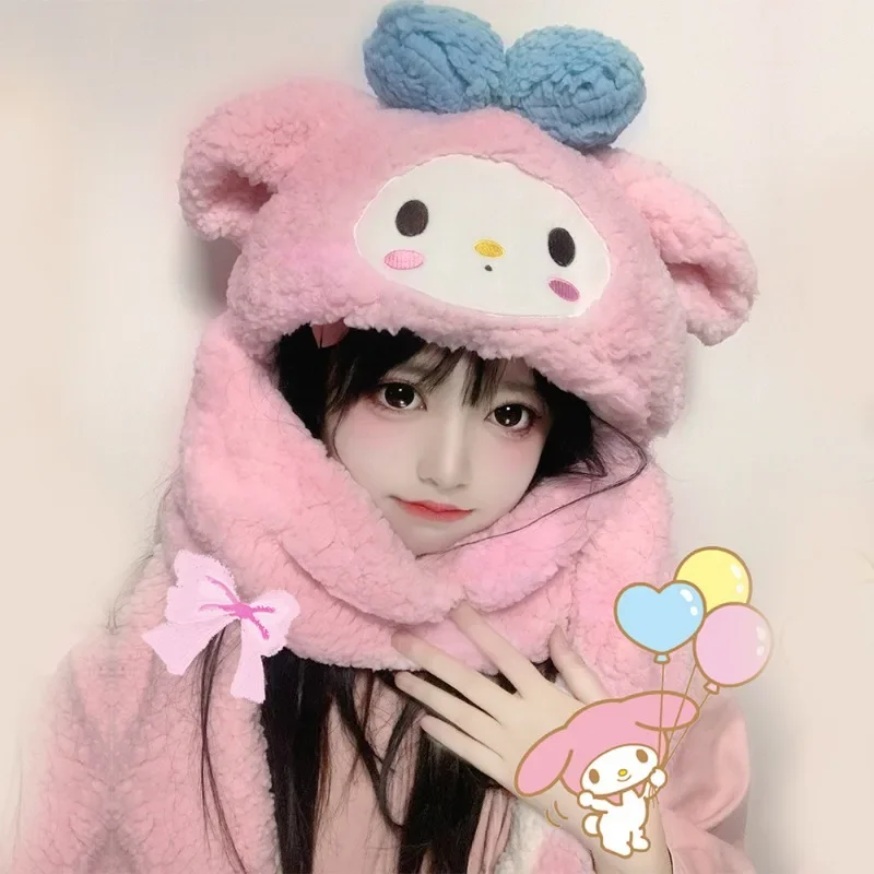 

Sanrio Hello Kitty Cinnamoroll Kuromi Scarf Gloves Winter Warm Three Piece Cute Gloves Scarf Hat All in One Hat Cycling Outdoor