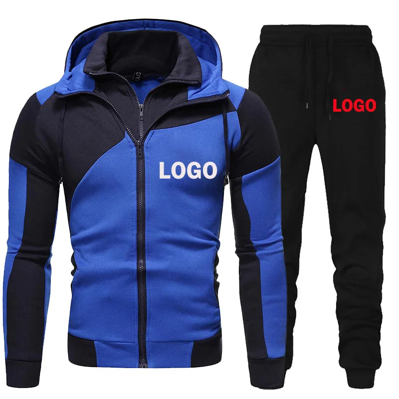 Custom Logo Men Tracksuits Set Casual Sportswear Spring Autumn Long Sleeve Hoodie Zipper Jogging Trouser Patchwork Fitness Suit
