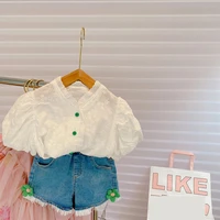 new children suit fashion summer lace puff sleeve white shirt and floral jean shorts 2pc outfits sets for baby girl clothes