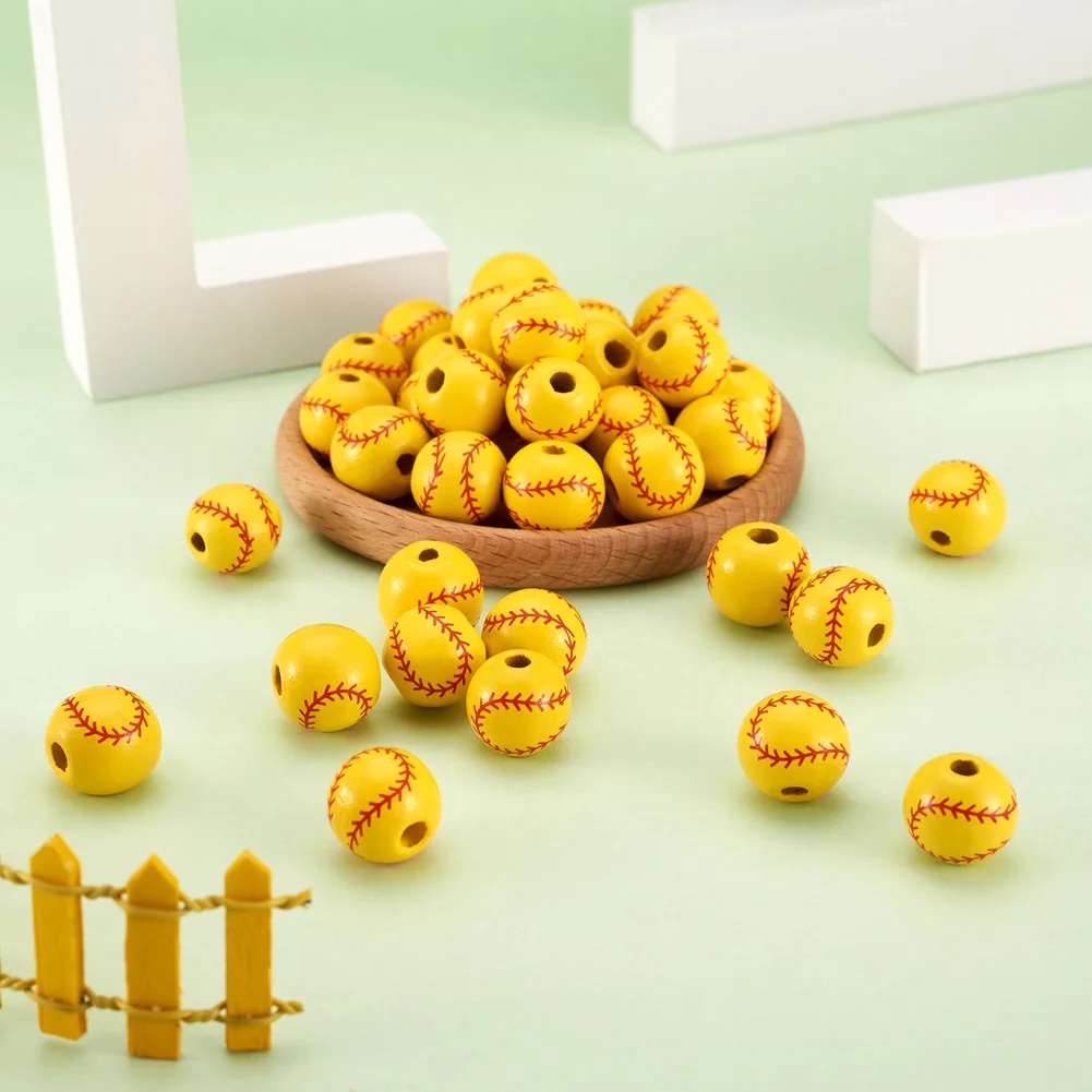 100Pcs Dyed Wood Beads Round With Baseball Pattern Spacer Beads Handmade For Men Women Jewelry Making Sport Theme Supplies
