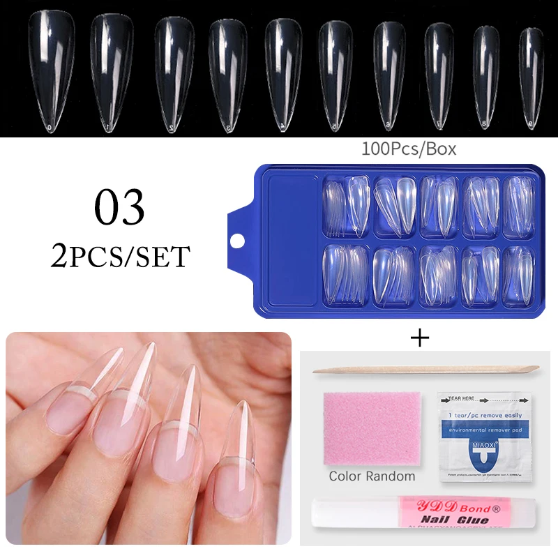 1 Set Full Cover False Nail Tips with Remover Pusher Gel Nails Extension Fake Tips Sculpted Clear Coffin False Nail Tips Kits