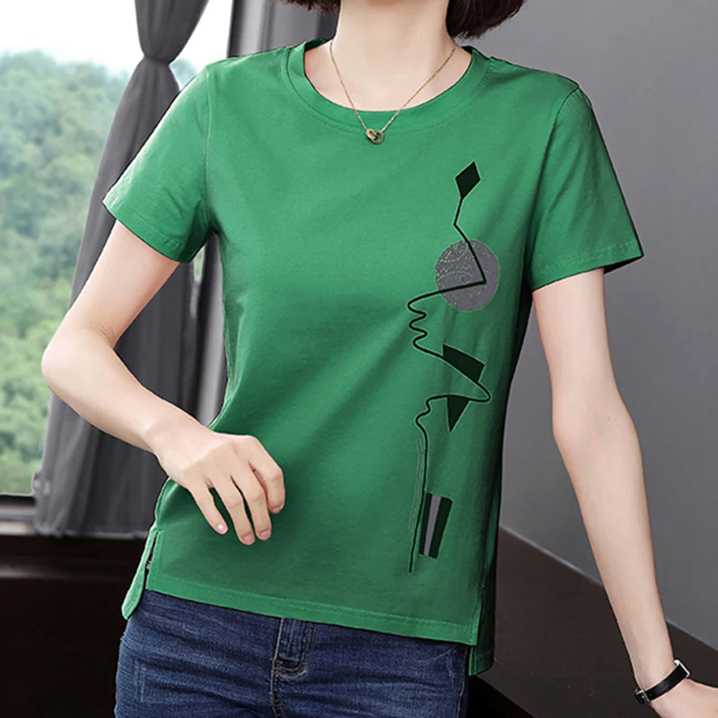 

2022 Summer Short Sleeve Tshirts Print T Shirt Women Cotton Korean Fashion Woman Clothes Tops Casual O-Neck Camisetas De Mujer