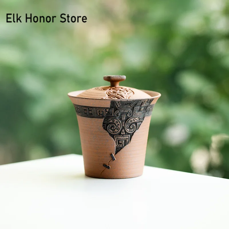 

145ml Embossed Taotie Pattern Gaiwan Aesthetic Old Rock Clay Cup Saucer Tea Tureen Tea Brewing Cover Bowl Cha Kung Fu Tea Gift