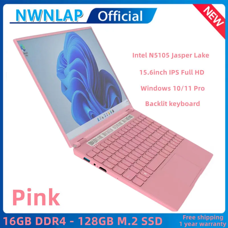 Pink Intel Celeron N5105  Laptop 16GB RAM 128GB SSD 15.6