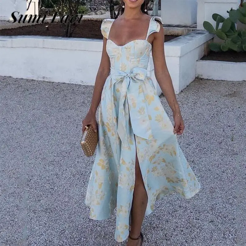 

French Vintage Floral Print Long Dress Elegant Lady Ruffled Fly Sleeve Party Dress Fashion Low Chest Waisted Lace-up Split Dress