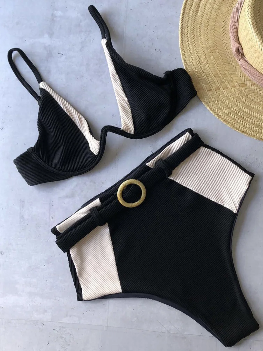 

Sexy V-Bar Underwired Patchwork High Waist Bikini Women Swimwear Female Swimsuit Two-pieces Bikini set Ribbed Bathing Suit Swim