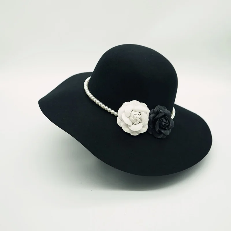 

Formal Wide Brim White Black Flower Fedora Hat Pearls Band 100% Wool Felt Floppy Ladies Wedding Church Hat Porkpie Trilby Hat