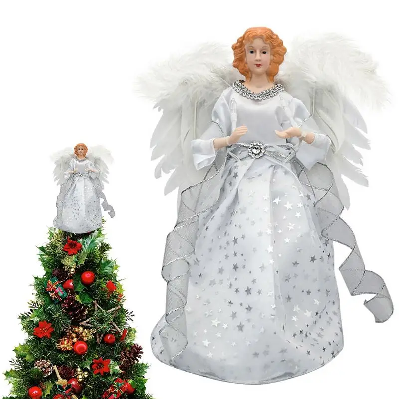 

Angels Christmas Tree Topper 3D Angel Figurines Treetop With Luxury Dress Battery Operated Colourful LEDs Illuminated Tree