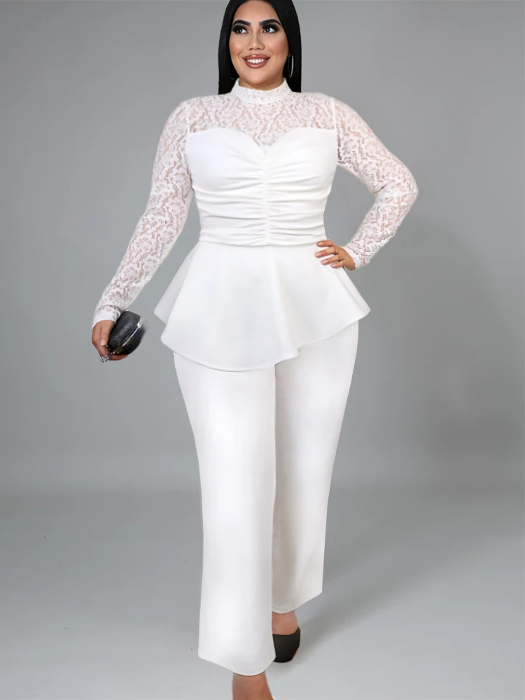 White Lace Jumpsuits Women Patchwork See Through High Waist Bodysuit Peplum Long Sleeves Elegant Office Fall Fashion Big Size