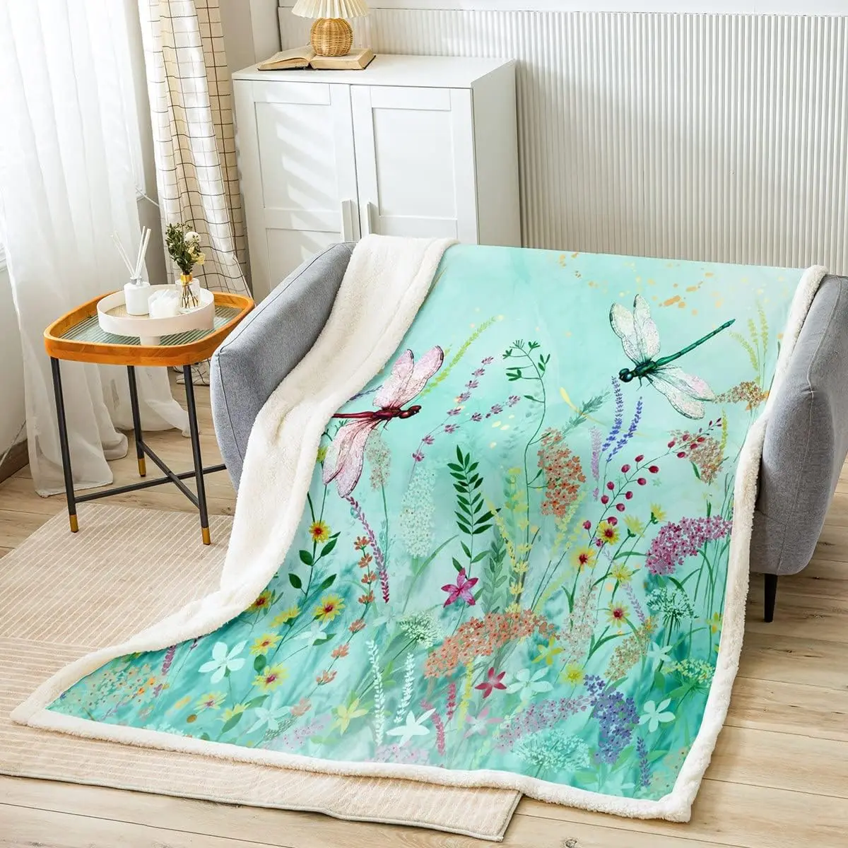 

Flower Kids Throw Blanket Boho Dragonfly Blanket for Couch Sofa, Botanical Floral Print Bed Blanket for Boy Girls Teens