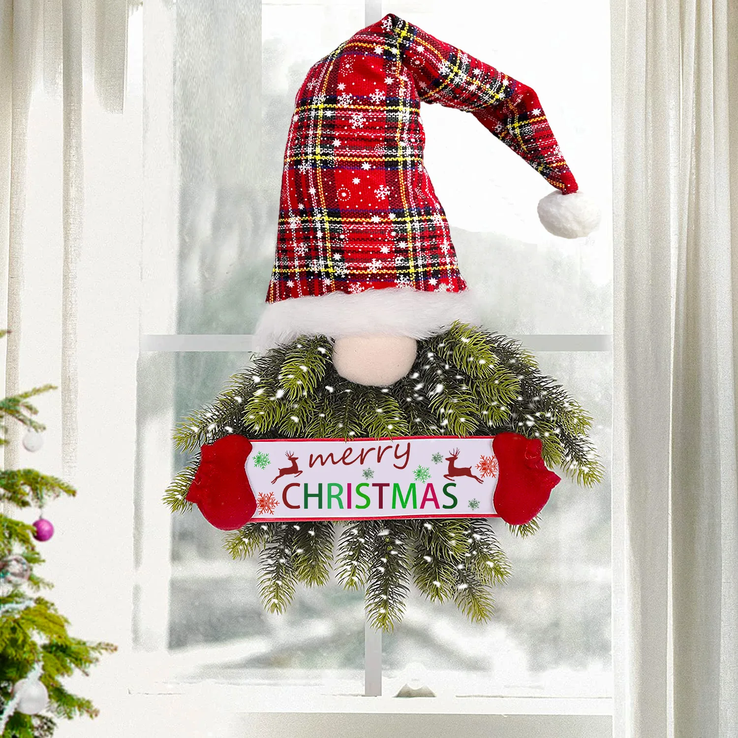 

Рождественский декоративный венок без лица, подвеска на дверь для пожилых людей, праздничное украшение, венок на рождественскую елку