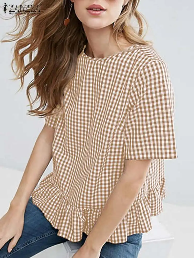 

ZANZEA Summer Tops Fashion Women Plaid Grid Shirt Bohemian Short Sleeve Ruffles Blusas Femme Check Blouse Holiday Tunic Tops