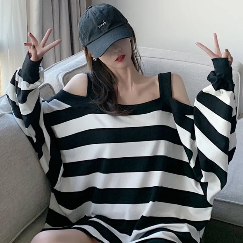 QWEEK Striped Sweatshirt Women Harajuku Gothic Hoodie Clothes Cotton Korean Long Sleeve Off Shoulder Kawaii Tops Oversize Kpop