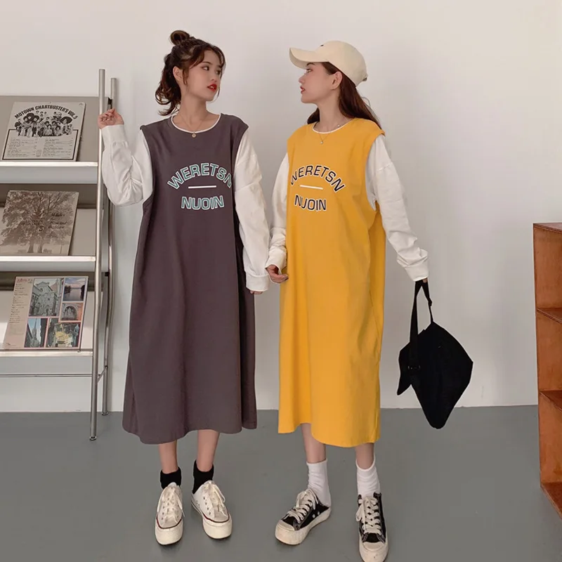 

Thin Loose, Thin, Long Fake Two-piece Color-contrast Design Sweater Women's Over-the-knee Dress